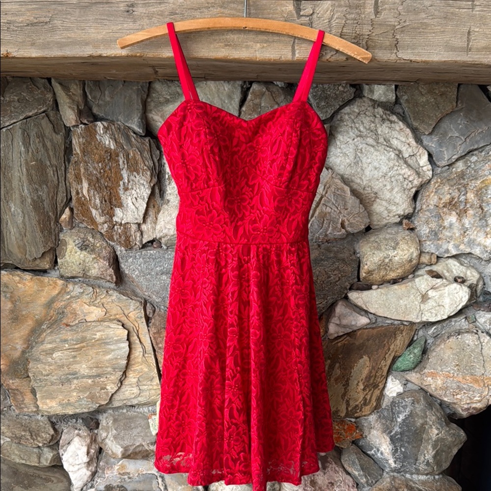 Lily Rose Red Lace Fit & Flare Cocktail Dress XS Spaghetti Strap Party